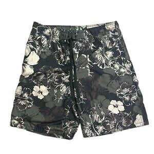 Ocean Pacific OP swim trunks Hawaiian floral green beige black M beach surf mesh